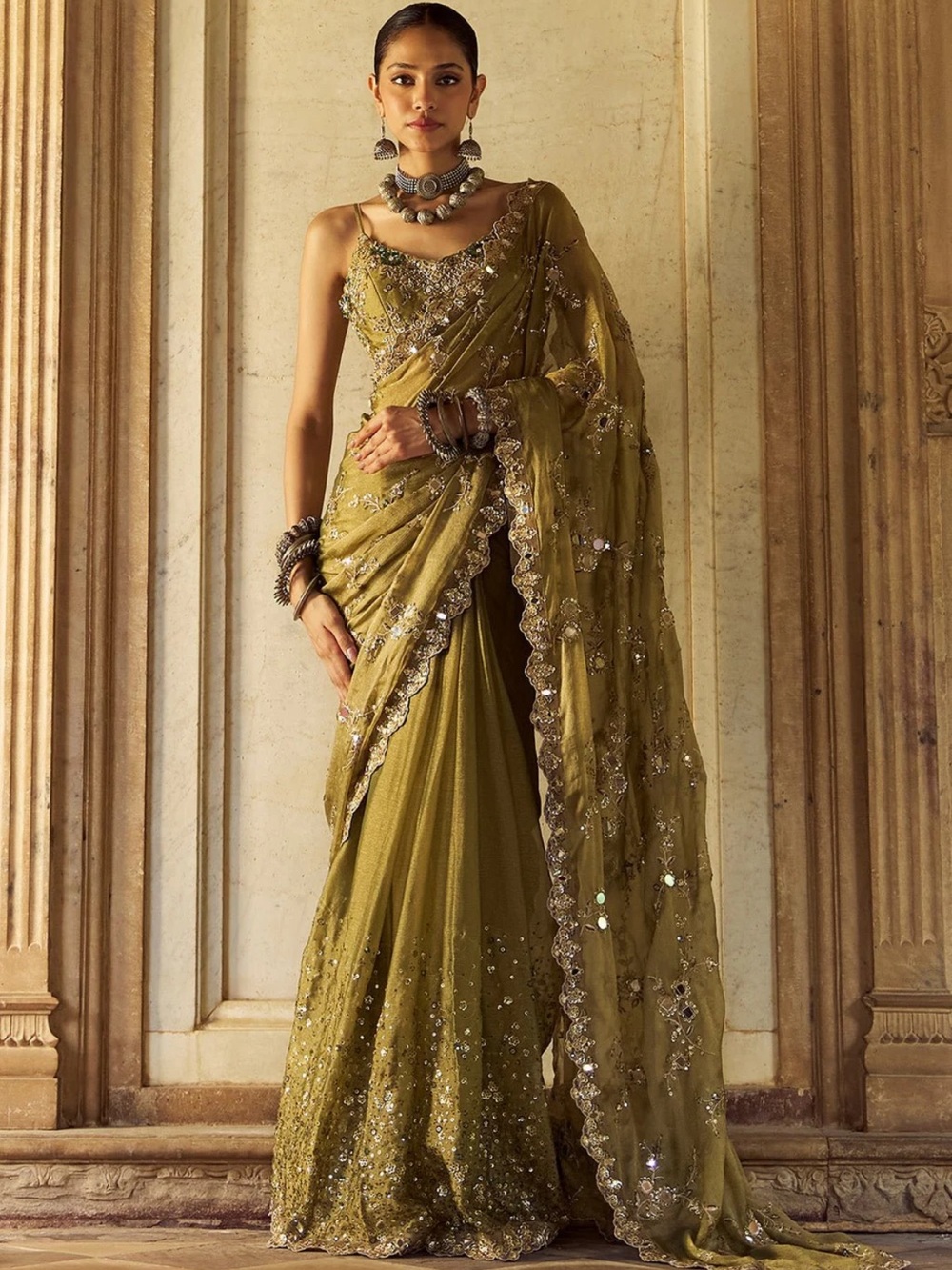 New Lashkaraa Silk Olive Green Embellished Saree-XS/S- skirt saree & blouse $225